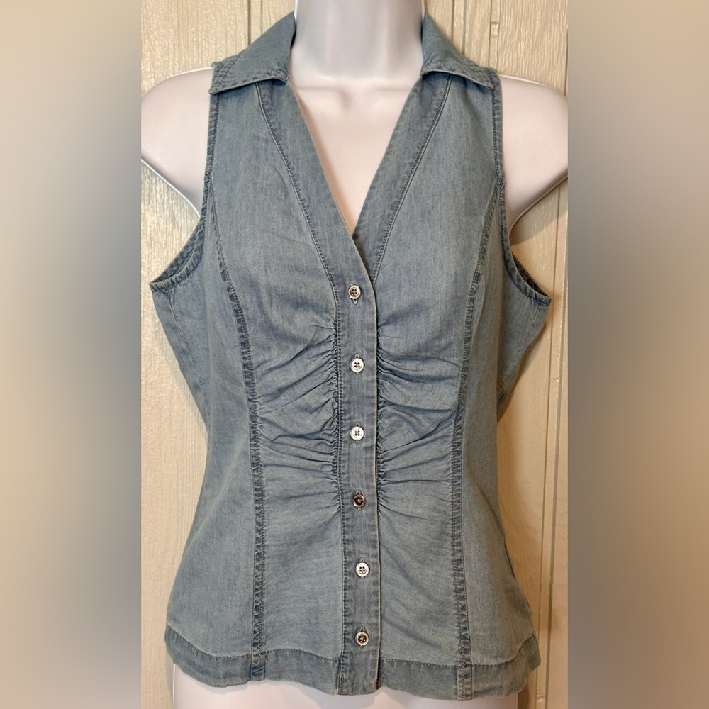 Michael Kors Light Blue Denim Sleeveless Button Front Top